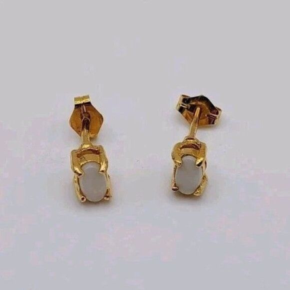 Jewelry - Sterling Silver Gold-Tone Stud Oval White Faux Opal Earrings